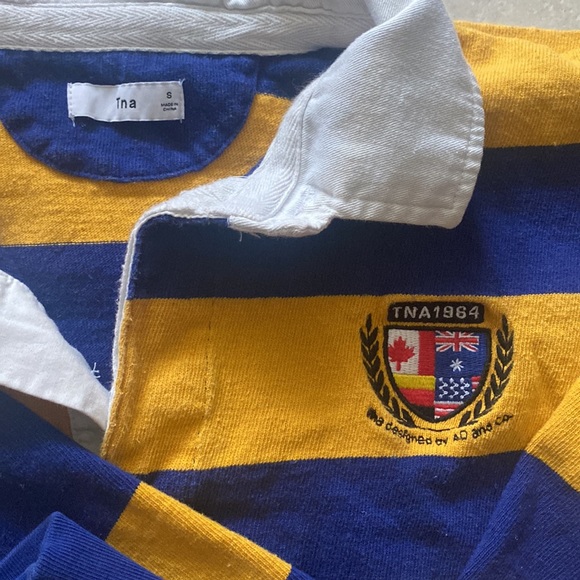 TNA S Yellow and Blue Stripped Rugby Long Sleeve - Picture 2 of 3